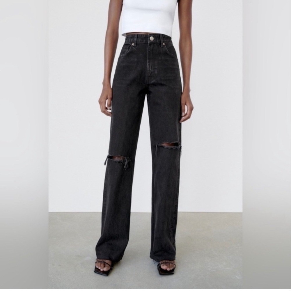ZARA Womens Black Ripped Wide Leg Jeans High Rise Distressed Raw Hem Size 0